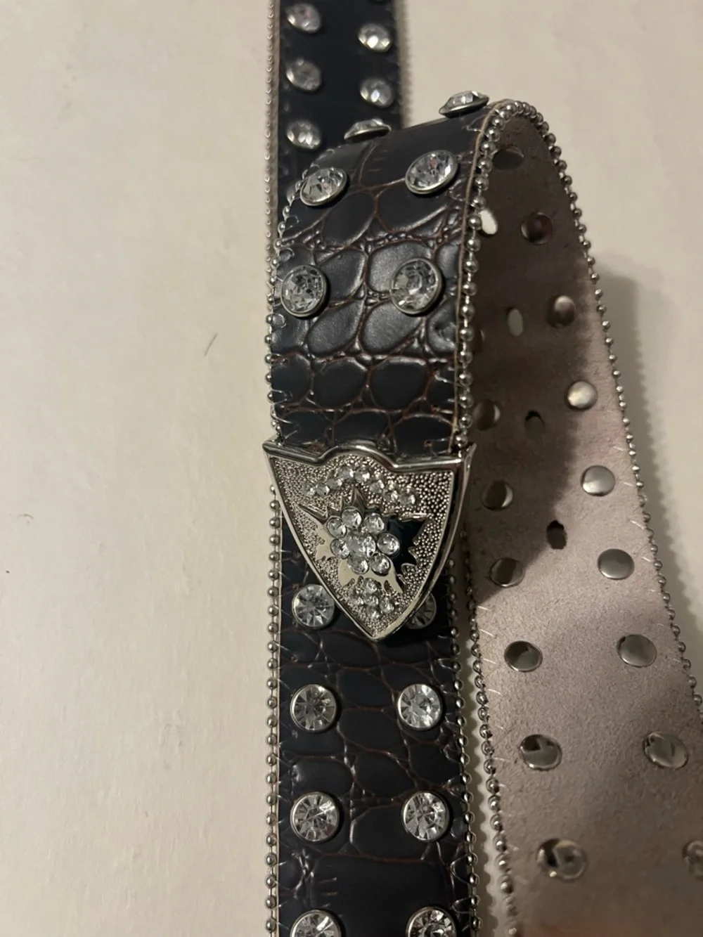 Girls Brown Rhinestone Stud Western Belt with Embellished Buckle
